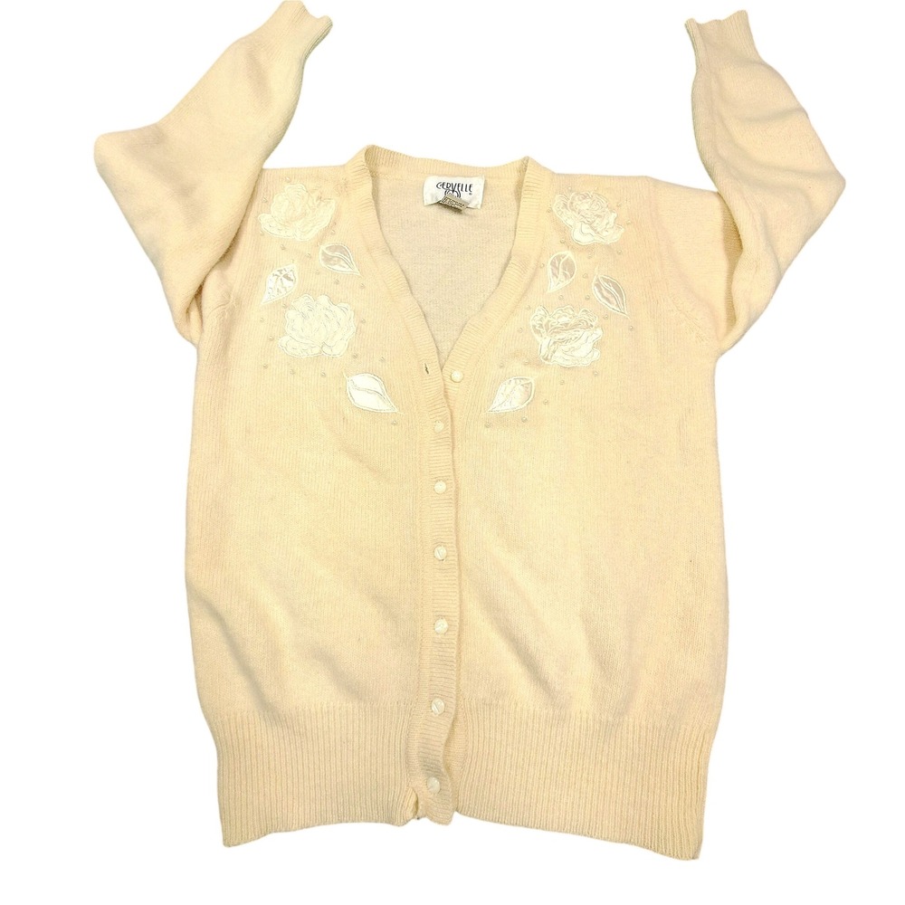 Cervelle Vintage Lambswool Angora Floral Embroidered Cardigan Sweater Cream M